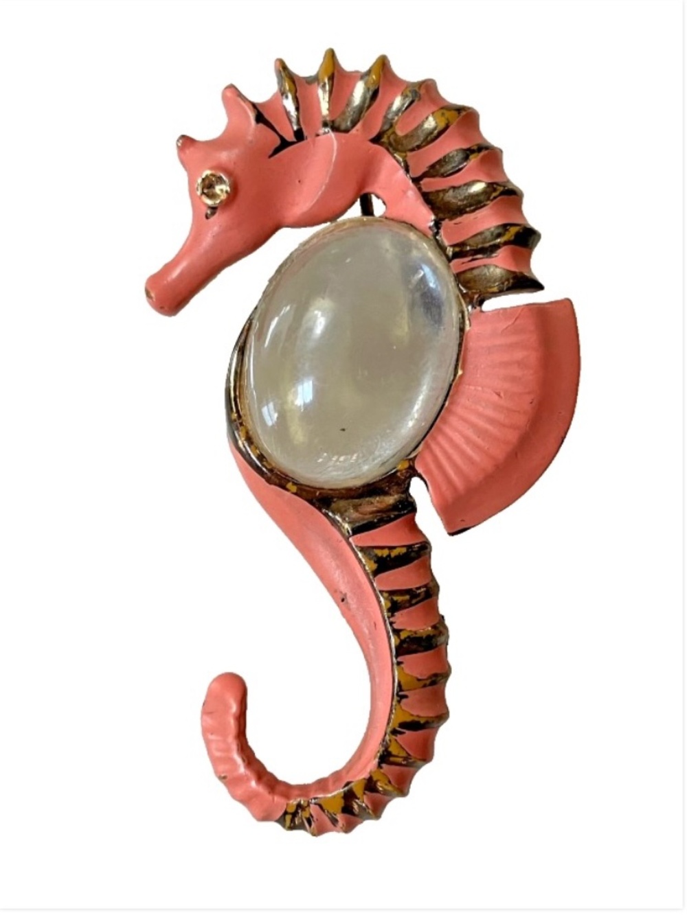 Vintage Seahorse Brooch w. Cabochon Glass Jelly Belly 2.25"